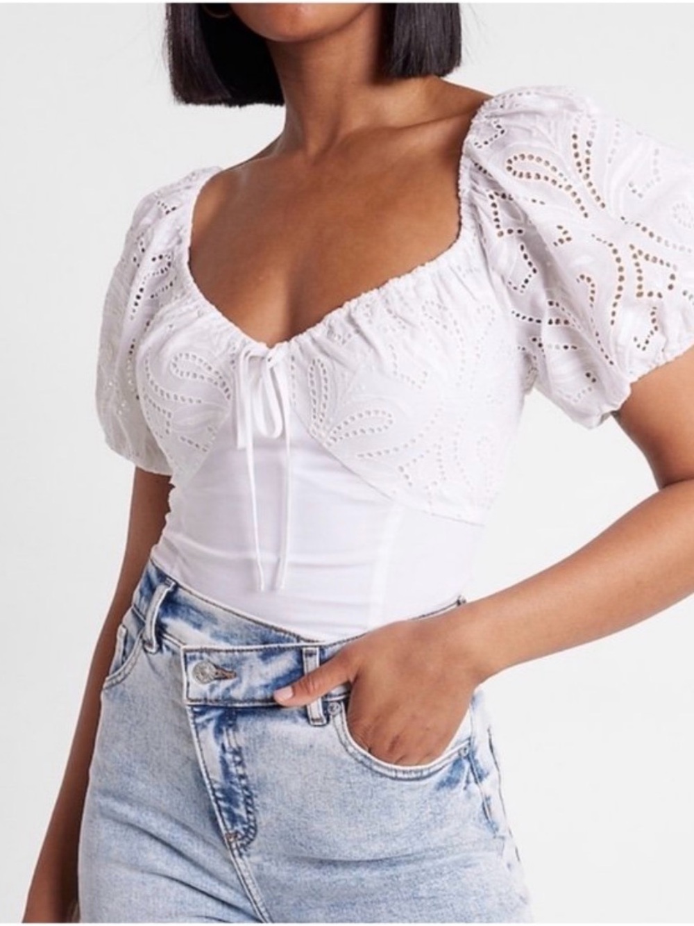 Express White Eyelet Puff-Sleeve Bodysuit with Tie Neck Size Small